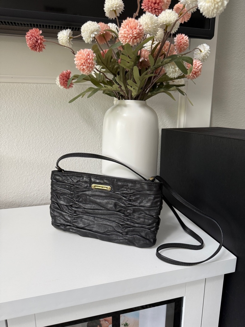 Michael Kors Black Ruched Leather Crossbody with Gold Plaque